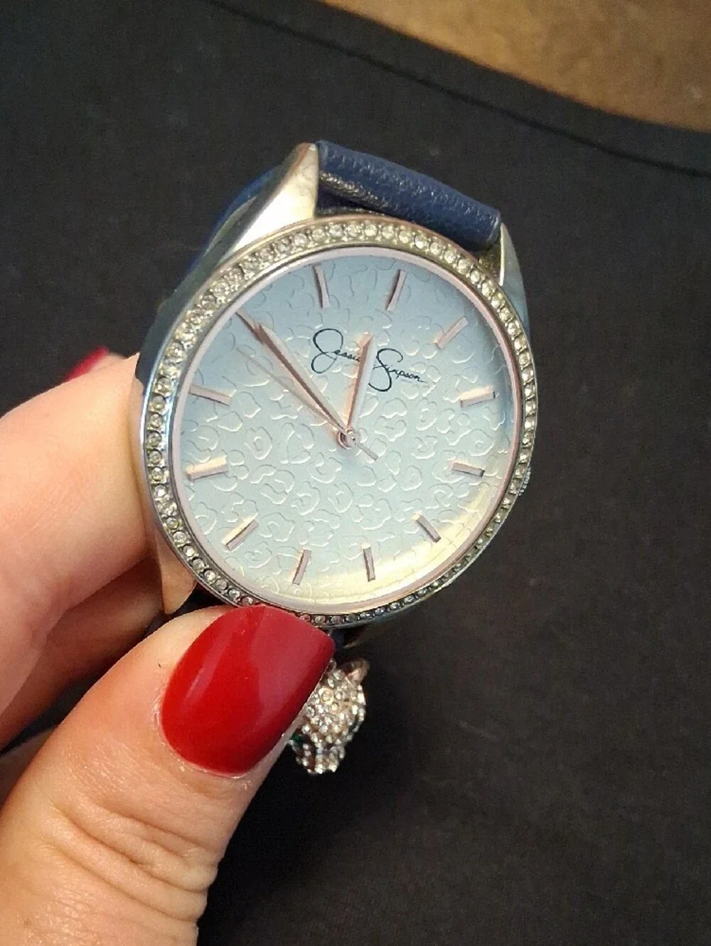 Jessica Simpson Navy and Rose Gold Accent Leather Watch with Crystal Charm